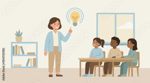 Teacher Explaining Idea to Diverse Students in Classroom Illustration
