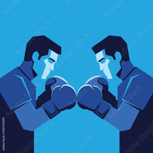 Two Boxers in Geometric Blue Style Preparing to Fight