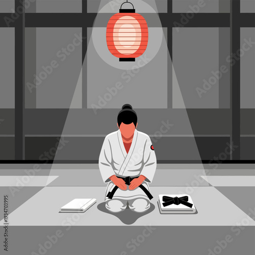 Martial Arts Student Bowing in Traditional Dojo with Japanese Lantern