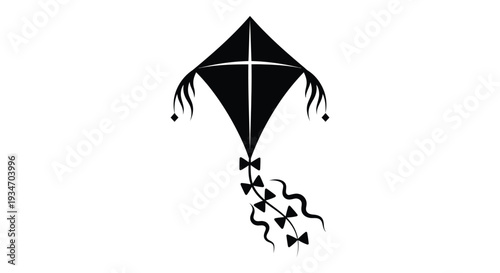 A simple black kite illustration with flowing ribbons and a tail