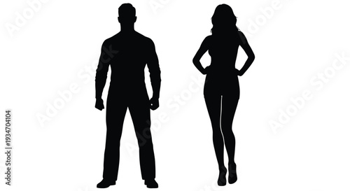 Silhouettes of a man and woman standing against a white background