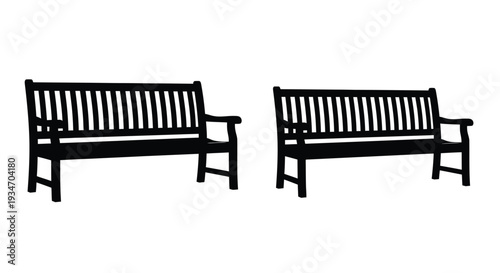 Two black silhouettes of park benches against a white background
