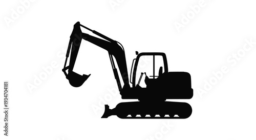 Black silhouette of an excavator on a white background
