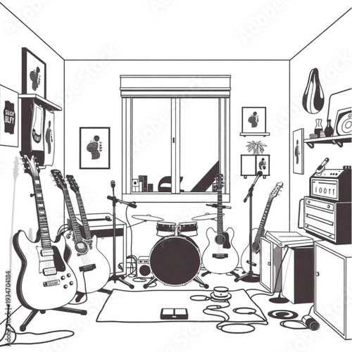 A musician's apartment — instruments everywhere, music stands, cables, creative authentic lived-in home