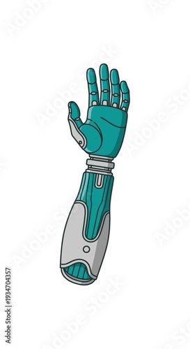 Digitally Crafted Bionic Arm Depicted in Teal and Silver Color Scheme with Intricate Detail