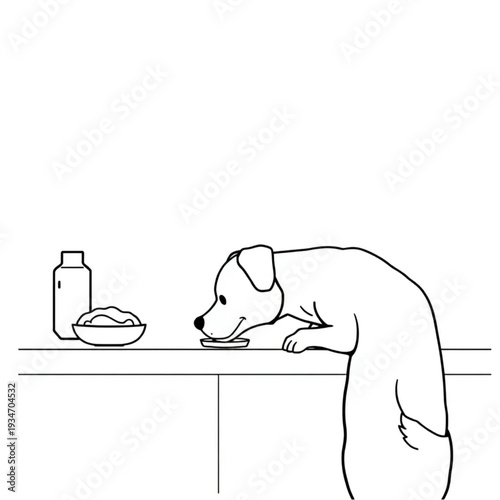 A dog sneaking food off the counter while the owner's back is turned, authentic imperfect pet ownership