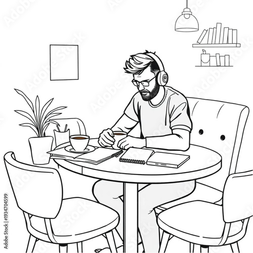 A freelancer working at a café table cluttered with notebooks, second coffee, headphones, real creativity