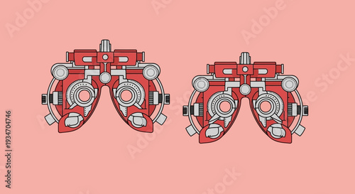 Dual Illustrated Red Phoropter Visualizing Vision Testing And Eye Care Procedures