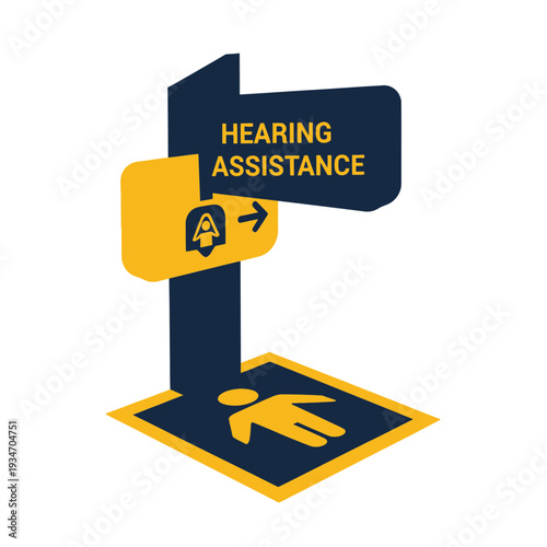 Directional Sign Illustrating Hearing Assistance and Accessibility Guidance for Public Spaces