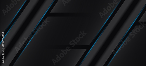 Abstract dark blue and black technology background with diagonal glossy stripes and glowing neon light edges. Modern futuristic design with gradient lighting and metallic texture,