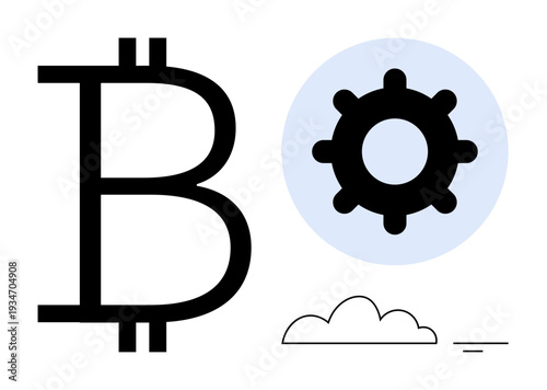 Bitcoin concept. Bitcoin symbol alongside a gear and cloud s cryptocurrency technology. Bitcoin technology focuses on blockchain innovation and digital financial systems. Ideal for fintech