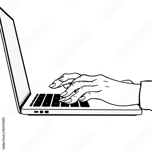 Hands with chipped nail polish typing on a laptop, imperfect real person at work, not sanitized stock