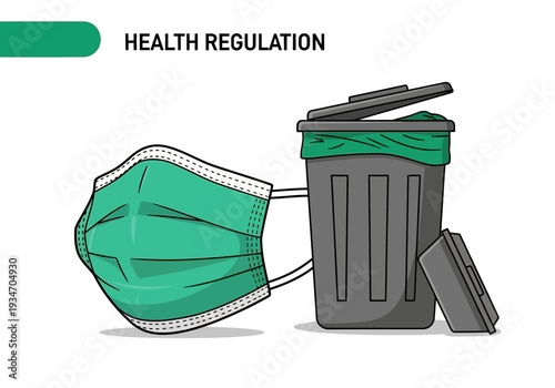 Discarded Face Mask Beside A Trash Can Illustrating Health Regulations And Waste Management