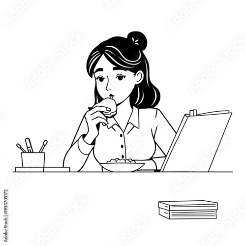 A woman eating lunch alone at her desk while reading, sandwich in hand, real office lunch break