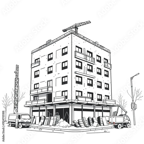 Construction on a city block — raw, dust, workers, machinery, real urban development, unpolished