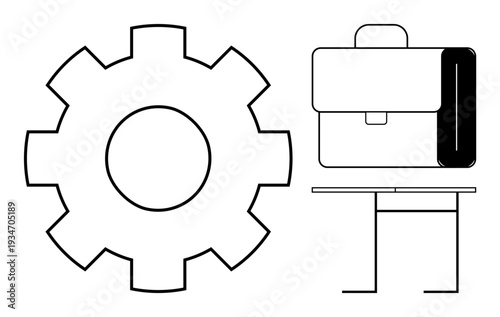 Business development, productivity tools, work organization, career growth, efficiency, corporate structure. Gear, briefcase and desk on white background. Business development and productivity tools