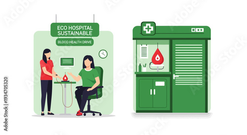 Eco Hospital Illustrative Representation of Blood Donation and Sustainable Healthcare Practices