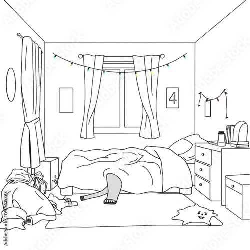 A teenager's bedroom with clothes on the floor and string lights, genuinely lived-in, not styled