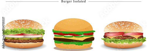 Three Burger Isolated Icons Set With Realistic 3D Textures Sesame Buns And Layered Cheeseburger Ingredients
