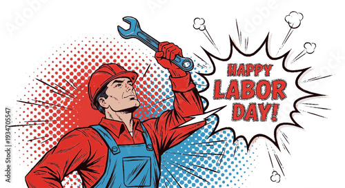 Happy labor day worker with wrench in hand celebrating