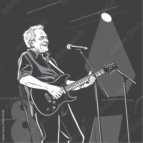 An older man playing electric guitar on stage at a local open mic night, music passion, active lifestyle