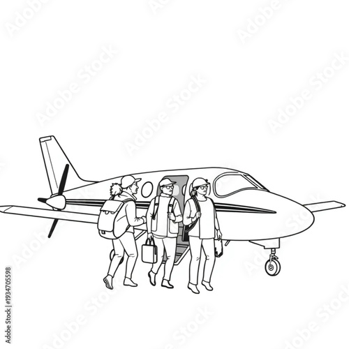 Senior travelers boarding a small plane for a remote safari adventure, bucket list, active travel lifestyle