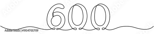 Continuous line drawing number six hundred. Hand drawn mathematical symbol. Vector illustration isolated on white.