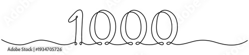 Continuous line drawing number one thousand. Hand drawn mathematical symbol. Ideal for modern educational materials. Vector illustration isolated on white.