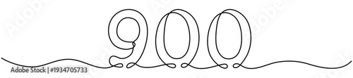 Continuous line drawing number nine hundred. Hand drawn mathematical symbol. Ideal for modern educational materials and minimalist graphic design. Vector illustration isolated on white.