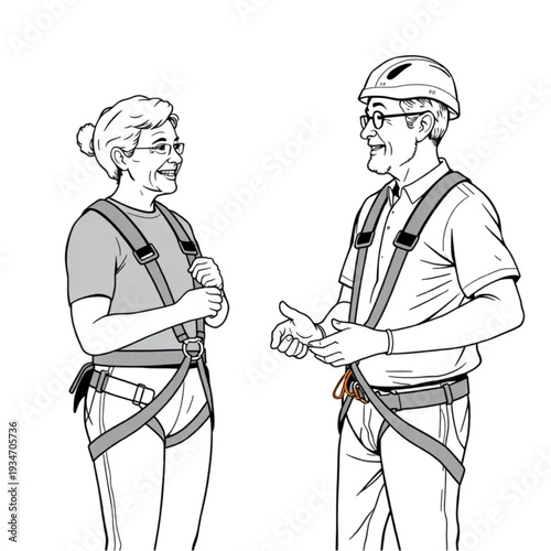 An older couple getting fitted for rock climbing harnesses for the first time, adventure, try-new-things