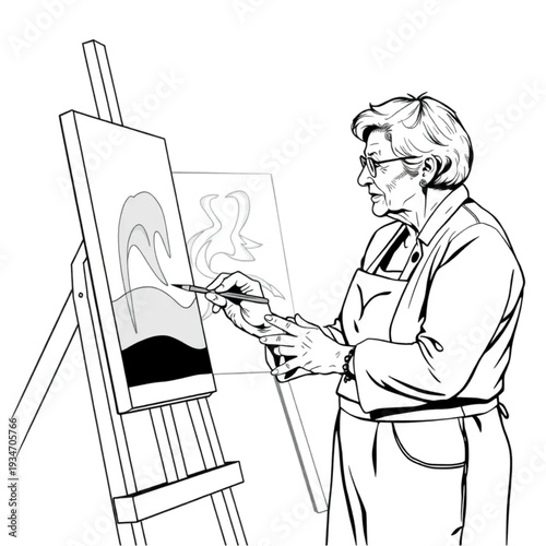 A 73-year-old woman doing a live painting demonstration at an art fair, professional artist, active career