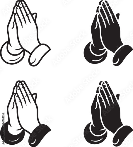 Vector set of religious praying hands icons featuring outline and silhouette styles with divine light rays for faith prayer worship