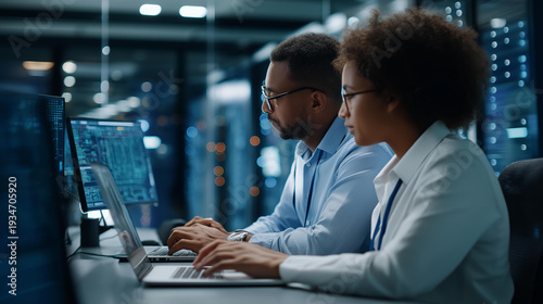 Wallpaper Mural Male cloud architect and female database engineer seated side by side at a long desk in a data center glass office sharing a laptop showing storage architecture diagrams Torontodigital.ca
