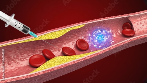Futuristic syringe releasing bright molecular particles inside human artery, representing modern therapy, cardiovascular treatment, scientific innovation, and evolution of biotechnology in medicine.
