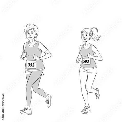 An older woman preparing for a 5K fun run with her adult daughter, both in running gear, generational sport