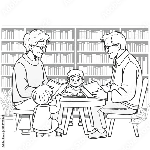 Senior citizens volunteering to teach children in a community library, wisdom sharing, purpose, contribution