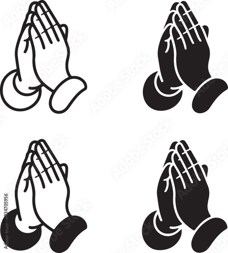 Praying hands icons, spiritual gesture symbols, gratitude illustration, religious graphics, worship design elements