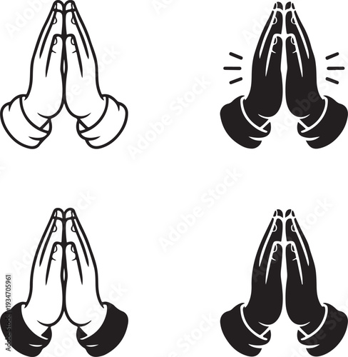 Praying hands and hopeful gesture icon set. Symbol of prayer, spiritual faith, gratitude, and peaceful meditation design.