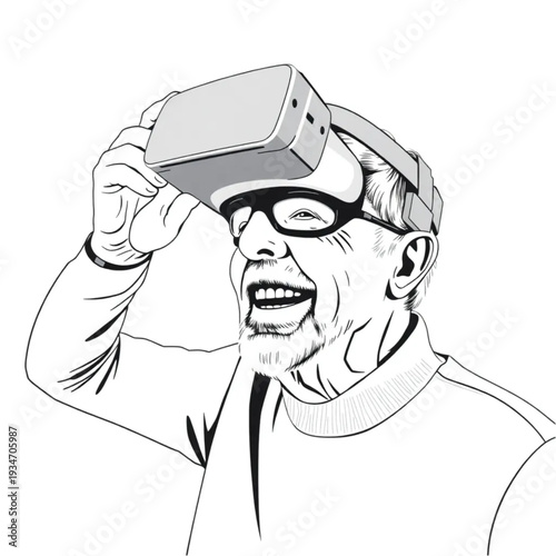A 70-year-old man doing a virtual reality experience for the first time, delight and amazement on his face