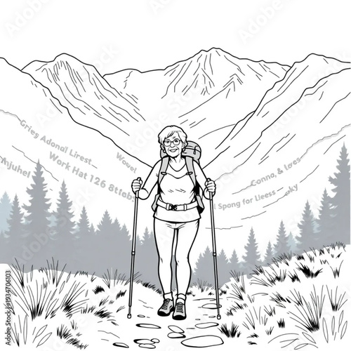 A 68-year-old woman hiking through a national park, backpack, trekking poles, commanding the trail