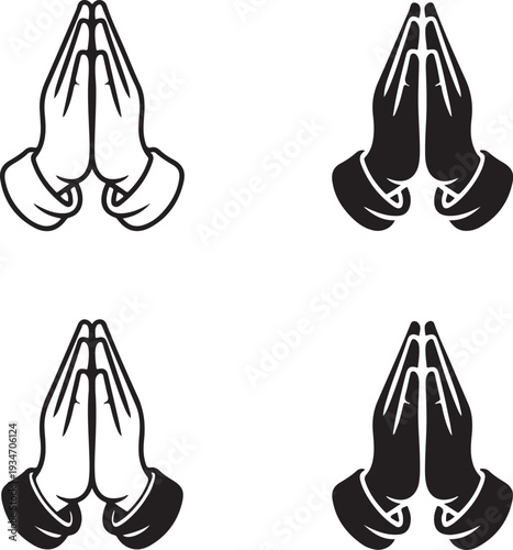 Prayer and respect icon set featuring hands praying icons, religion and prayer symbols,