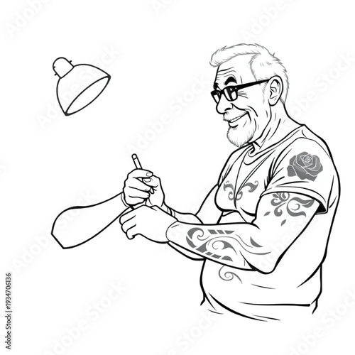 An older man getting a tattoo for the first time, excited and nervous, defying age expectations