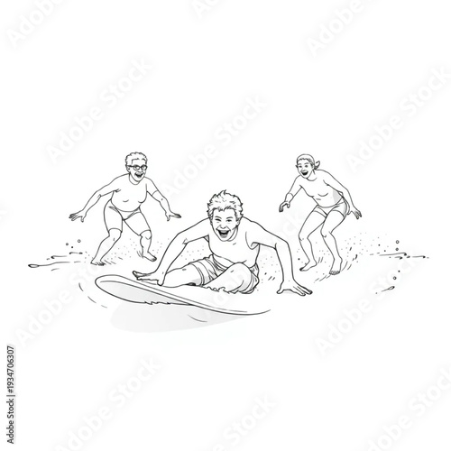 Senior citizens participating in a surf lesson on a beach, falling and laughing, active adventure lifestyle