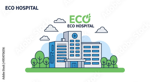 Eco-Friendly Hospital Illustration Showcasing Green Building and Healthcare Design
