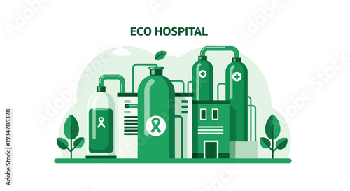 Eco-Friendly Hospital Illustration Showcasing Modern Green Healthcare and Environmental