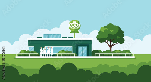 Eco-Friendly Hospital Building With Medical Personnel and Natural Green Surroundings