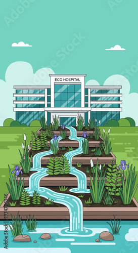 Eco-Friendly Hospital Building With Natural Water Feature and Verdant Gardens in Cartoon Style
