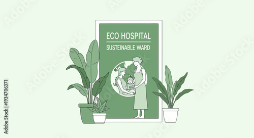 Eco-Friendly Hospital Illustration Showcasing Sustainable Practices And Maternity Care Scene