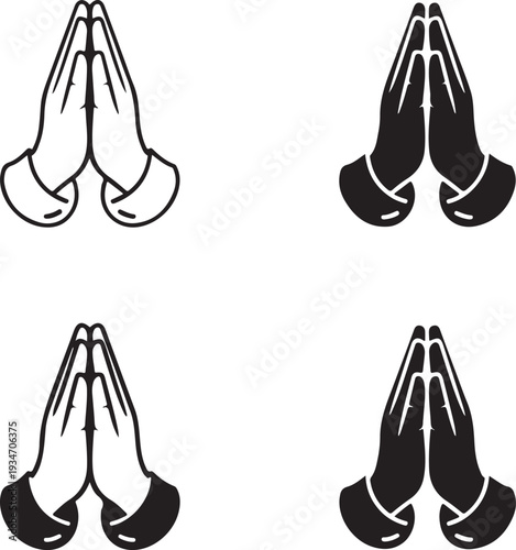Praying hands prayer worship faith icon set, religion spiritual hope blessing gesture symbol vector