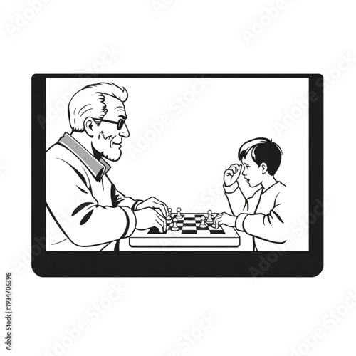 A grandfather teaching his grandson chess via video call, technology, intergenerational bond, gaming
